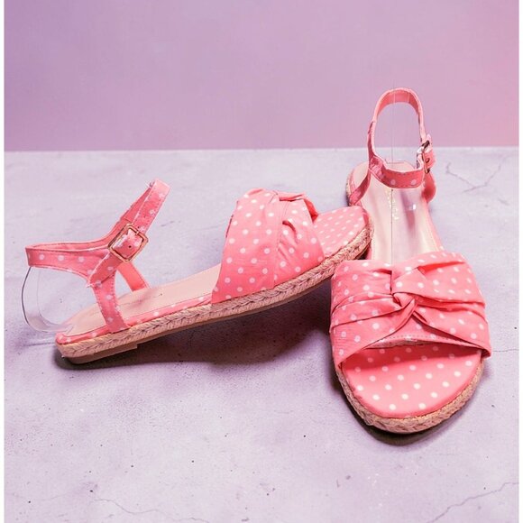 Shoes - Polka Dot Blush Espadrille Sandals With Bow & Adjustable Ankle Strap - Casual Su